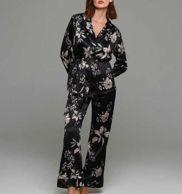 Lida Floral Satin Pajamas With Buttons And Waist Belt
