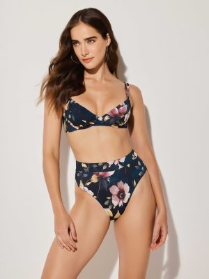 Lida Blue Floral C Cup Top With Bandage And High Waisted Bikini Set