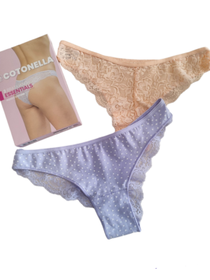 2 Pack Cotonella Βαμβακερά Brazilian Με Δαντέλα Στο Πίσω Μέρος Χωρίς Ραφές